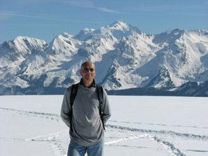 Eric at Plateau des Glières with Mont Blanc in the background